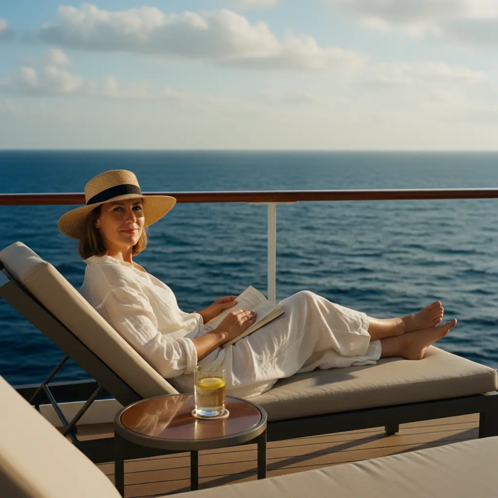 Frau entspannt auf dem Deck eines Kreuzfahrtschiffes mit Meerblick