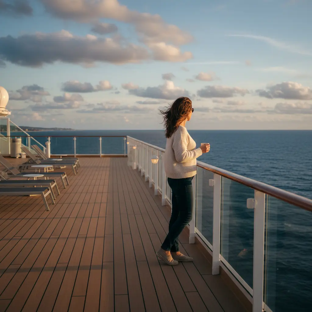 Alleinreisende Frau blickt auf den weiten Ozean vom Deck eines Kreuzfahrtschiffes