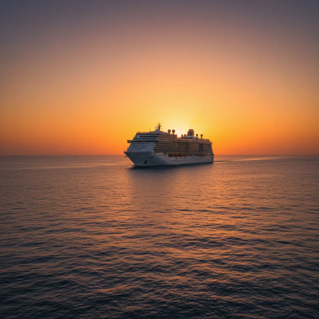 Alleinreisende Frau blickt auf den weiten Ozean vom Deck eines Kreuzfahrtschiffes