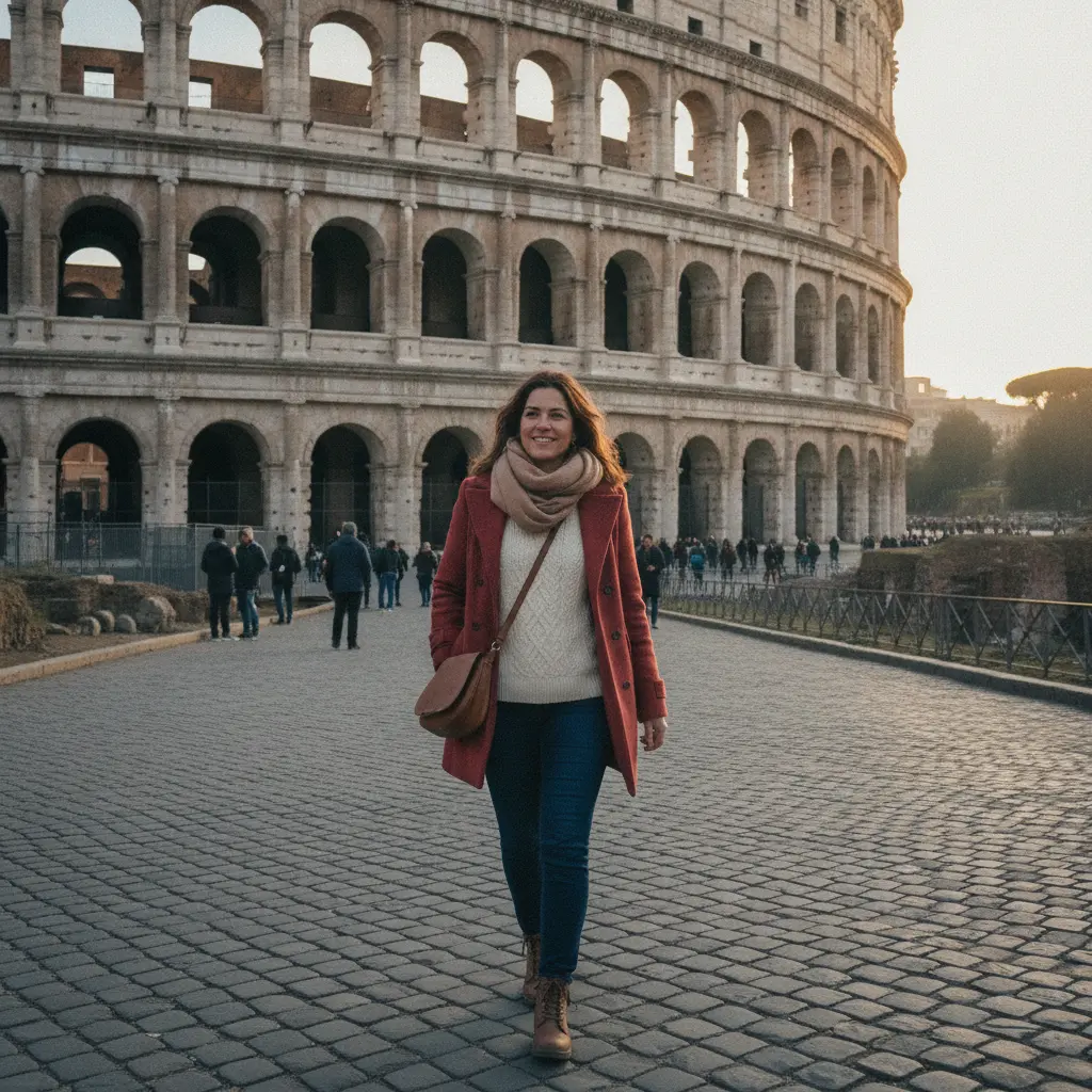 Solo woman walking comfortably near the Roman Colosseum without heavy crowds