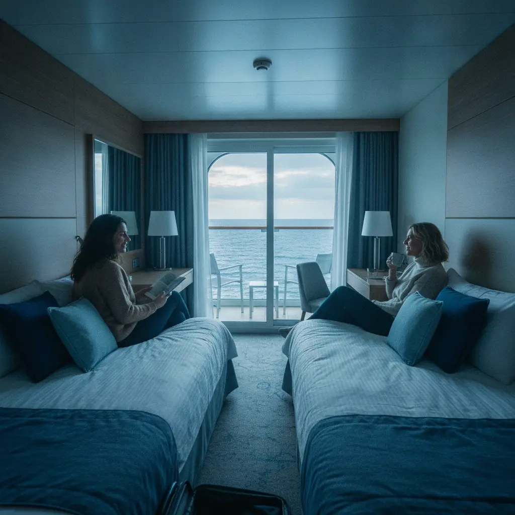 Modern twin-bed cruise stateroom suitable for two solo travelers sharing a cabin